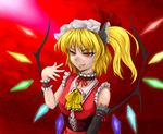  alternate_costume asymmetrical_clothes blonde_hair choker corset elbow_gloves fang flandre_scarlet gloves hat kinokobakudan older one_side_up ponytail red_eyes ribbon single_elbow_glove single_glove solo touhou wings wrist_cuffs 