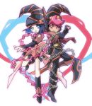  blue_eyes blue_hair chain commentary_request cosplay duel_monster gagaga_girl gagaga_girl_(cosplay) gagaga_magician gagaga_magician_(cosplay) hat heart heart_background highres liko_(pokemon) minazuki_ruko_miru pokemon pokemon_(anime) pokemon_horizons red_eyes red_hair ribbon roy_(pokemon) white_background wizard_hat yu-gi-oh! 