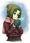  akimoto_komachi beanie breath coat cold enoshima_iki gloves green_eyes green_hair hat jacket leather leather_jacket mittens precure scarf snow solo winter winter_clothes winter_coat yes!_precure_5 