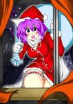  blush breasts breath christmas highres large_breasts letty_whiterock purple_eyes purple_hair sack santa_costume shirahira_kousuke short_hair snow solo thighs touhou window 