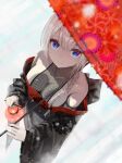  1girl absurdres bare_shoulders blue_eyes braid breasts cleavage closed_mouth commentary_request from_above grey_hair hidulume highres holding holding_lantern holding_umbrella lantern looking_at_viewer medium_breasts original red_umbrella single_braid smile umbrella 