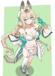  1girl absurdres animal_ear_fluff animal_ears antenna_hair aphrissa_(arknights) arknights asymmetrical_legwear bare_shoulders black_jacket blonde_hair blush bow bow_panties bra braid braided_twintails breasts bright_pupils brown_shoes cleavage closed_mouth collarbone commentary_request commission eggplant7217 fingerless_gloves fingernails gloves green_background green_bow green_eyes green_gloves green_jacket green_nails green_ribbon green_socks grey_jacket hair_between_eyes hand_on_own_hip hand_up hat highres jacket large_breasts leg_tattoo legs lingerie long_hair long_sleeves looking_at_viewer mismatched_legwear multicolored_jacket multicolored_shoes nail_polish navel open_clothes open_jacket panties pixiv_commission ribbon shoes simple_background single_sock single_thighhigh socks solo tail tattoo thighhighs thighs two-tone_shoes underwear uneven_legwear v white_background white_bra white_hat white_panties white_pupils white_shoes 