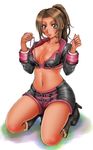  1girl boots breasts brown_eyes brown_hair christie_monteiro curvy dark_skin large_breasts midriff navel shorts smile solo tekken 