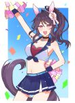  1girl animal_ears belt black_choker blue_belt blue_skirt blush breasts brown_hair cheerleader choker commentary_request crop_top ear_covers flower hair_between_eyes hair_flower hair_ornament highres holding holding_pom_poms horse_ears horse_girl horse_tail long_hair looking_at_viewer medium_breasts open_mouth orchid phalaenopsis_(umamusume) pom_pom_(cheerleading) purple_eyes shiro_(branch0126) side_ponytail skirt smile solo tail umamusume 
