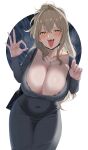  1girl absurdres azur_lane bag black_bra blonde_hair blush bra bra_peek bra_strap breasts breath cleavage collarbone commentary_request covered_groin covered_navel crossed_bangs dongtan_dress dress earrings fangs fellatio_gesture fingernails gold_necklace grey_dress hair_between_eyes hair_intakes hands_up highres huge_breasts jewelry leaning_forward lion_(alleyway_temptress)_(azur_lane) lion_(azur_lane) long_fingernails long_hair long_sleeves looking_at_viewer mask meme mouth_mask mouth_mask_under_chin necklace official_alternate_costume ok_sign open_mouth scoop_neck shoulder_bag sidelocks simple_background sleeves_past_wrists smile solo standing steam_from_mouth strap_pull teeth tongue tongue_out underwear usuama very_long_hair white_background yellow_eyes 