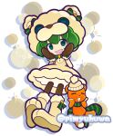  1girl alternate_costume animal animal_hat beanie bear bear_hat bell boots bow bowtie brown_boots brown_dress brown_hat brown_mittens brown_pantyhose buttons closed_eyes clothed_animal commentary_request dress full_body fur-trimmed_boots fur-trimmed_dress fur-trimmed_mittens fur_trim green_bow green_bowtie green_eyes green_hair green_scarf hands_on_own_cheeks hands_on_own_face hands_up hat jingle_bell kumagurumi_(puyopuyo) looking_at_viewer mittens neck_bell official_style pantyhose pimyuhuwa pom_pom_(clothes) pom_pom_beanie puyopuyo puyopuyo_quest scarf short_hair simple_background sleeveless sleeveless_dress sparkle striped_clothes striped_scarf stuffed_animal stuffed_toy teddy_bear twitter_username white_background 