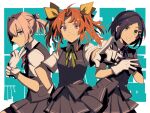  adjusting_clothes adjusting_gloves bike_shorts bike_shorts_under_skirt black_hair closed_mouth commentary_request gloves grey_skirt grey_vest hair_ribbon hand_on_own_hip kagerou_(kancolle) kantai_collection kuroshio_(kancolle) looking_at_viewer manaka_(gunjooou) multiple_girls neck_ribbon orange_hair pink_hair pleated_skirt pointing pointing_at_viewer ponytail ribbon shiranui_(kancolle) shirt short_hair short_sleeves siblings simple_background sisters skirt text_background twintails vest white_shirt yellow_ribbon 