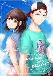  1boy 1girl absurdres aqua_shirt baseball_cap black_pants blue_vest braid brown_eyes brown_hair clothes_around_waist couple cropped_vest denim denim_vest half_up_braid hat highres jacket jacket_around_waist official_alternate_hairstyle pants pink_shirt red_eyes red_hair red_jacket robotics;notes robotics;notes_dash science_adventure senomiya_akiho shirt short_sleeves smile vest yakku yashio_kaito 