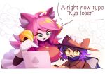  1girl 1other ahoge androgynous animal_ear_fluff animal_ears animal_hat bell bell_ear_ornament breasts brown_hat brown_tunic cat_ears cat_girl cat_hat cat_tail chair child computer deltarune dress english_text gloves gold_bell green_eyes hair_bell hair_ornament hand_on_another's_head hat hat_with_ears heart heart_locket heart_necklace heart_pendant jewelry laptop large_breasts locket long_sleeves mad_mew_mew meme necklace negativuscore niko_(oneshot) ok_now_type_kill_yourself_loser_(meme) oneshot_(game) open_mouth pendant pink_dress pink_hair purple_hair purple_scarf scarf sidelocks smile speech_bubble swept_bangs tail tunic tutu typing utdr_(toby_fox) white_gloves 