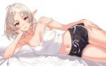  1girl bare_shoulders bed_sheet bilingual_commentary black_shorts breasts camisole cleavage commentary contemporary covered_nipples cowboy_shot dolphin_shorts drawstring earrings elf english_commentary hand_on_own_cheek hand_on_own_face hand_on_own_thigh head_rest highres jewelry looking_at_viewer lying medium_breasts medium_hair midriff mixed-language_commentary mushoku_tensei navel on_side parted_bangs pointy_ears red_eyes short_shorts shorts simple_background solo spaghetti_strap steklowataa strap_slip sylphiette_(mushoku_tensei) tied_drawstring white_background white_camisole white_hair 