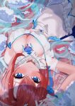  1girl absurdres blue_bow blue_eyes blue_ribbon blush bow breasts closed_mouth commentary dress english_commentary hair_ribbon highres lying mon_monn on_back phase_connect red_hair red_nails ribbon second-party_source sinon_sinfonia solo virtual_youtuber water white_dress 