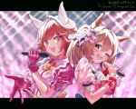  2girls animal_ears blush bow breasts brown_eyes brown_hair center_frills commentary_request ear_covers frills gloves hair_between_eyes hair_bow haiseiko_(umamusume) highres holding holding_microphone horse_ears horse_girl long_hair looking_at_viewer microphone multiple_girls multiple_hair_bows one_eye_closed open_mouth pink_bow pink_eyes pink_skirt puffy_short_sleeves puffy_sleeves purple_bow shirt short_hair short_sleeves singing skirt smart_falcon_(love_4ever)_(umamusume) smart_falcon_(umamusume) smile suspenders teeth twintails umamusume upper_teeth_only washwash0256 white_shirt wrist_cuffs 