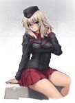  1girl arm_support artist_name bad_source black_jacket blonde_hair blue_eyes breasts closed_mouth emblem girls_und_panzer gradient_background grey_background hat highres itsumi_erika jacket kuromorimine_military_uniform long_sleeves looking_at_viewer medium_breasts medium_hair military military_hat military_uniform miniskirt necktie pleated_skirt red_skirt sitting skirt solo thick_thighs thighs white_background zap-nik 