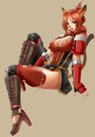  animal_ears armor breasts cat_ears cat_tail cleavage covered_nipples final_fantasy final_fantasy_xi fingerless_gloves gloves high_heels large_breasts legs mithra nanaa_mihgo red_hair shoes solo tail thighhighs thighs toguchi_masaya 