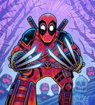  5boys ammunition_belt ankle_holster belt black_bodysuit blue_theme bodysuit bruise claw_(weapon) commentary cosplay dan_hipp deadpool deadpool_&amp;_wolverine deadpool_(series) english_commentary forest halftone halftone_background helmet highres holster injury katana male_focus marvel marvel_snap multiple_boys nature official_art red_bodysuit sheath sheathed skeleton soldier solo_focus superhero_costume sword sword_on_back thigh_holster weapon weapon_on_back wind winter wolverine_(x-men) wolverine_(x-men)_(cosplay) 