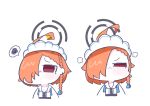 :< absurdres angry black_halo blue_archive braid chibi commentary_request disappointed halo highres mole mole_under_eye necktie neru_(blue_archive) orange_hair partially_unbuttoned red_eyes simple_background single_braid sirokochu squiggle squinting tag undone_necktie upper_body white_background 