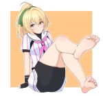  1girl ahoge barefoot baseball_uniform bike_shorts bike_shorts_under_skirt black_gloves blush border bow cinderella_series closed_mouth commentary_request fb_revo_168 fingerless_gloves gloves green_bow hachigatsu_no_cinderella_nine hair_bow high_ponytail highres looking_at_viewer neckerchief orange_eyes outside_border pink_neckerchief ponytail sailor_collar satogahama_baseball_uniform shirt shirt_under_shirt short_sleeves sitting skirt smile soles solo sportswear striped_clothes striped_shirt takanashi_yuzu vertical-striped_clothes vertical-striped_shirt white_border white_sailor_collar white_skirt 