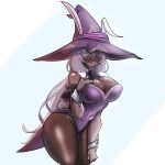  1girl absurdres alternate_costume animal_ears blush breasts cleavage commentary_request cowboy_shot dark-skinned_female dark_skin dla741741 elden_ring elden_ring_nightreign fake_animal_ears fake_tail hair_over_eyes hand_on_own_chest highres huge_breasts korean_commentary leotard long_hair playboy_bunny purple_leotard rabbit_ears rabbit_tail recluse_(elden_ring) simple_background solo tail very_dark_skin very_long_hair white_background white_hair white_wrist_cuffs wrist_cuffs 