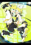  1girl bad_id bad_pixiv_id blonde_hair blue_eyes brother_and_sister kagamine_len kagamine_rin microphone one_eye_closed open_mouth ribbon siblings twins utako vocaloid 