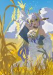 1girl :d arknights arm_up bare_shoulders beads belt blonde_hair blue_eyes blue_hair chinese_commentary cloud collarbone commentary_request day dragon_girl dragon_horns dragon_tail earrings field hair_between_eyes hand_on_own_hip highres horns jacket jewelry long_hair looking_at_viewer multicolored_hair necklace notice_lines open_mouth outdoors outstretched_arm pants pointy_ears shixianyua shu_(arknights) simple_bird smile solo standing strapless tail teeth tube_top upper_teeth_only very_long_hair watermark waving wheat wheat_field white_belt white_hair white_jacket white_pants white_tube_top 