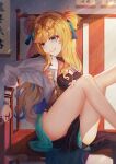  1girl absurdres black_dress blonde_hair breasts chair chinese_clothes commentary dress eyewear_on_head highres honkai_(series) honkai_impact_3rd indoors jacket long_hair on_chair qipao round_eyewear sitting small_breasts solo songque songque_(astralop) suyurainy thighs twintails very_long_hair white_jacket 