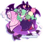  1girl :q alternate_costume bat_wings blush_stickers child closed_mouth commentary_request creature dango falling_petals floral_print floral_print_kimono food full_body hair_ornament hair_ribbon hakama hakama_pants japanese_clothes kimono long_sleeves looking_at_food looking_at_viewer medium_hair official_style open_mouth oversized_clothes pacifier pants petals pimyuhuwa pink_kimono pink_petals pink_ribbon print_kimono purple_eyes purple_hakama puyopuyo puyopuyo_quest ribbon salome_(puyopuyo) sanshoku_dango simple_background skull_hair_ornament sleeves_past_fingers sleeves_past_wrists smile tongue tongue_out twintails twitter_username wagashi white_background wide_sleeves wings yellow_eyes 