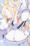  1girl absurdres amenon0808 animal_ear_fluff animal_ears armpits blonde_hair blue_archive closed_eyes commentary_request cross_halo detached_sleeves dress extra_ears fox_ears fox_girl fox_tail halo happy_birthday highres holding holding_microphone long_hair microphone open_mouth seia_(blue_archive) singing sleeveless sleeveless_dress sleeves_past_fingers sleeves_past_wrists solo tail white_dress white_sleeves yellow_halo 