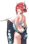  1girl absurdres ass back bare_shoulders black_kimono breasts chest_sarashi commentary cule_0805 earrings floral_print floral_print_kimono heterochromia highres holding holding_smoking_pipe horns japanese_clothes jewelry kimono kurenai_natsuki_(vtuber) looking_back median_furrow mole mole_under_eye open_mouth over_the_wall pointy_ears print_kimono purple_eyes red_hair sarashi simple_background single_horn smoking_pipe stardays tassel tassel_earrings virtual_youtuber wide_sleeves yellow_eyes 