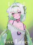  >:) 1girl absurdres ahoge animal_ears bare_shoulders black_bra blush bra bra_strap breasts cleavage cleavage_cutout clothing_cutout commentary commission english_text ferret ferret_ears ferret_girl food food-themed_necklace fruit gradient_hair green_background green_eyes green_hair green_sweater hair_between_eyes hair_ornament hairband hairclip head_tilt highres jewelry kokomi_(aniesuakkaman) lime_(fruit) lime_slice limealicious limealicious_(cozy) medium_breasts multicolored_hair necklace off-shoulder_sweater off_shoulder simple_background smile smug sweater twintails two-tone_hair underwear v-shaped_eyebrows vinesauce virtual_youtuber white_hair white_sweater 