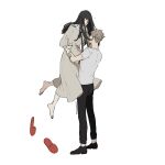  1boy 1girl barefoot black_hair black_pants black_shoes blonde_hair breasts commentary_request couple dress full_body grey_dress hands_on_another's_waist hetero highres loafers long_dress long_hair long_sleeves medium_breasts open_mouth pants red_eyes shirt shoes short_hair short_sleeves sidelocks slippers spy_x_family t-shirt tarutaruso3 twilight_(spy_x_family) twitter_username white_background white_shirt wide-eyed yor_briar 