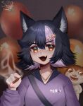  1girl absurdres black_hair cat cigar facial_mark heart heart_facial_mark heart_necklace highres indie_virtual_youtuber jewelry multicolored_hair necklace open_clothes open_mouth pink_hair purple_sweater short_hair skunk_ears skunk_girl skunk_tail solo soymilktm star_(symbol) star_facial_mark streaked_hair sweater toboso_kuroi triangle triangle_facial_mark virtual_youtuber 