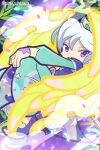  1boy aqua_pants aqua_sleeves commentary_request confetti covered_mouth feathered_wings foot_out_of_frame from_side green_hat hat knee_up layered_sleeves leaf legamunt_(celestial_blade)_(puyopuyo) legamunt_(puyopuyo) long_sleeves looking_at_viewer looking_to_the_side male_focus mob_cap official_alternate_costume official_style pants pimyuhuwa purple_eyes purple_shirt purple_shoes puyopuyo puyopuyo_quest shirt shoes short_hair short_over_long_sleeves short_sleeves solo sparkle_print twitter_username white_hair wings yellow_wings 