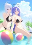  2girls absurdres arms_at_sides azashiro_kp ball bare_arms bare_legs bare_shoulders beachball bikini black_bikini black_halo blue_archive blue_sky breasts chair cleavage cloud collarbone commentary_request deck_chair folding_chair hair_between_eyes halo hand_on_own_thigh highres kneeling long_hair looking_at_another looking_back mechanical_halo multiple_girls navel noa_(blue_archive) palm_tree ponytail pool purple_eyes purple_hair sitting sky stomach swimsuit tree triangle_bikini_top twintails white_hair white_halo wide_hips yuuka_(blue_archive) 