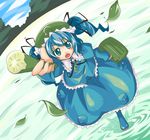  blue_eyes blue_hair cucumber jagabutter kawashiro_nitori key leaf ribbon solo splashing touhou twintails two_side_up 