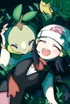  1girl 1other ^_^ bag beanie black_dress black_hair bracelet closed_eyes commentary_request dawn_(pokemon) dress duffel_bag grass hair_ornament hamudetsu hand_on_another's_head happy hat jewelry leaf long_hair lying on_back open_mouth pokemon pokemon_(creature) pokemon_diamond/pearl/platinum red_scarf scarf signature sleeveless smile turtle turtwig 