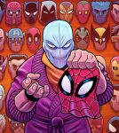  6+boys abstract_background annotation_request beast_(x-men) black_panther_(marvel) captain_america chameleon_(marvel) cyclops_(x-men) dan_hipp daredevil deadpool feet_out_of_frame green_shirt halftone halftone_background hawkeye_(marvel) highres holding holding_mask indoors iron_man j._jonah_jameson magneto marvel marvel_snap mask moon_knight multiple_boys namor nightcrawler official_art partially_annotated purple_robe quicksilver_(marvel) red_mask robe scorpion_(spider-man) shirt shocker_(spider-man) silver_surfer solo_focus spider-man spider-man_(original_black_suit) spider-man_(original_suit) spider-man_(series) spider_web_print the_punisher_(character) toon_(style) trophy_head upper_body vision_(marvel) white_mask wilson_fisk wolverine_(x-men) 