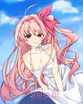  1girl ahoge artist_name bare_shoulders blue_sky blurry blurry_background blush breasts chaos;head choker cleavage closed_mouth cloud collarbone day dress dress_tug english_commentary floating_clothes hair_between_eyes hair_ribbon highres large_breasts long_hair looking_at_viewer outdoors pink_eyes pink_hair ribbon sakihata_rimi science_adventure shinobf sky smile solo standing sundress very_long_hair white_choker white_dress wind wind_lift 