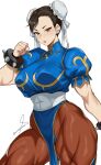  1girl artist_name bilingual_commentary bracelet breasts brown_eyes brown_hair brown_pantyhose bun_cover chinese_clothes chun-li commentary covered_abs double_bun dress earrings gold_trim hair_bun harutoyumaarts highres jewelry large_breasts lips looking_at_viewer mixed-language_commentary muscular muscular_female pantyhose pearl_earrings puffy_short_sleeves puffy_sleeves qipao short_sleeves solo spiked_bracelet spikes street_fighter thick_thighs thighs twitter_username 