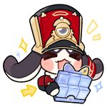  animal_ears animal_focus arrow_(symbol) blush_stickers box chibi chibi_only closed_eyes hat holding holding_box honkai:_star_rail honkai_(series) long_sleeves no_humans official_art open_mouth pom-pom_(honkai:_star_rail) shako_cap solo transparent_background upper_body 