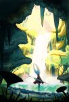  1girl arthropod_girl black_skin cave cloak colored_skin commentary flower full_body highres holding hollow_knight horned_mask hornet_(hollow_knight) horns leaf looking_up mask morretlin nature needle_(hollow_knight) plant red_cloak solo twitter_username untranslatable_commentary vines wading water waterfall weapon weapon_on_back white_mask 