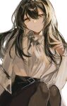  1girl arknights black_hair black_hairband black_pantyhose black_skirt bow closed_mouth commentary fumi_(rdbm) grey_bow grey_eyes hair_between_eyes hairband hand_up highres lab_coat long_hair long_sleeves looking_at_viewer pantyhose priestess_(arknights) simple_background sitting skirt smile solo sweater turtleneck turtleneck_sweater white_background white_sweater 