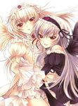  black_wings blush bow dress dual_persona frills hairband light_persona lolita_fashion lolita_hairband long_hair looking_at_viewer mizunomoto multiple_girls open_mouth puffy_sleeves red_eyes rozen_maiden silver_hair smile suigintou wings 
