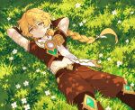  1boy aether_(genshin_impact) ahoge arm_guards armor arms_behind_head arms_up baggy_pants belt black_belt blonde_hair boots braid brown_boots brown_pants brown_shirt closed_mouth commentary day earrings expressionless feet_out_of_frame flower genshin_impact grass hair_between_eyes hair_ornament hair_ribbon hair_tubes itigooree_15 jewelry long_hair looking_at_viewer low-braided_long_hair low-tied_long_hair male_focus midriff navel outdoors pants ribbon scarf shadow shirt short_sleeves shoulder_armor single_braid single_earring single_hair_tube solo star_(symbol) untranslatable_commentary white_flower white_ribbon white_scarf yellow_eyes 