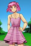  1girl blue_sky blush doki_doki_literature_club dress grass hand_on_own_hip high-waist_dress highres looking_at_viewer natsuki_(doki_doki_literature_club) outdoors pink_dress pink_eyes pink_hair short_hair sky sleeveless smile solo spaghetti_strap striped_clothes striped_dress sundress triple_stabber v-neck 