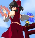  bad_anatomy black_hair blonde_hair broom detached_sleeves from_below hakurei_reimu hat kirisame_marisa looking_back multiple_girls red_eyes ribbon samurai_(kasizuki) sarashi torii touhou witch_hat 