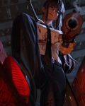  1girl aiming aiming_at_viewer belt belt_buckle black_belt black_hair black_necktie black_pants black_shoes blood blood_on_clothes blood_on_weapon blurry blurry_background breasts buckle collared_shirt depth_of_field from_below gun guweiz highres holding holding_gun holding_weapon long_hair looking_at_viewer looking_down medium_breasts necktie original pants ponytail shirt shoe_soles shoes smoke smoking_barrel solo sword sword_on_back very_long_hair weapon weapon_on_back white_shirt 