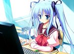  blue_eyes blue_hair computer game_cg katsuragi_kotori keyboard_(computer) monitor mouse_(computer) munyuu non-web_source purely school_uniform solo twintails 