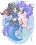  2girls air_bubble antenna_hair arle_nadja armor armored_dress barefoot blue_gloves blue_hair blue_headband blue_scales blue_skirt blue_tail blue_theme blush body_fins bracelet breastplate breasts brown_eyes brown_hair bubble cape capelet center_cross_lace choker cleavage commentary_request cross-laced_clothes cross-laced_dress dress feet fins fluffy_hair gloves green_eyes hair_between_eyes half_updo hand_on_another's_arm head_fins headband high_ponytail highres hug jewelry legs_up long_hair long_sidelocks looking_at_another medium_breasts merfolk mermaid monster_girl multiple_girls pauldrons plate_armor pleated_skirt ponytail prprtooon puyopuyo puyopuyo~n red_cape serilly_(puyopuyo) shoulder_armor sidelocks skirt smile sparkle strapless tube_top underwater very_long_hair water white_background yuri 