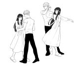  1boy 1girl blush commentary_request dancing dress flustered full_body greyscale highres long_hair long_sleeves monochrome multiple_views nightgown pants shoes short_hair sidelocks simple_background slippers spy_x_family sweatdrop tarutaruso3 twilight_(spy_x_family) white_background yor_briar 