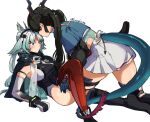  2girls animal_ears arcane_(arknights) arknights arknights:_endfield bird_ears black_hair black_shoes blue_eyes blue_hair blue_jacket blush chen_qianyu_(arknights) closed_mouth commentary dragon_girl dragon_horns dragon_tail elbow_gloves facial_mark forehead_mark gloves gradient_hair greyl1me highres horns jacket leotard long_hair multicolored_hair multiple_girls red_thighhighs shoes simple_background tail thighhighs twintails twitter_username white_background white_gloves white_hair white_leotard yuri 